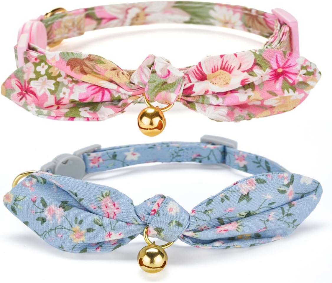 YUDOTE Soft Cotton Cat Collar with Removeable Hand-tied Bowtie,Pack of 2 Kitten...