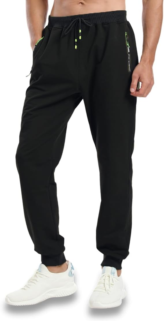 Tansozer Mens Joggers Slim Fit Jogging Bottoms with Zip Pockets L Black