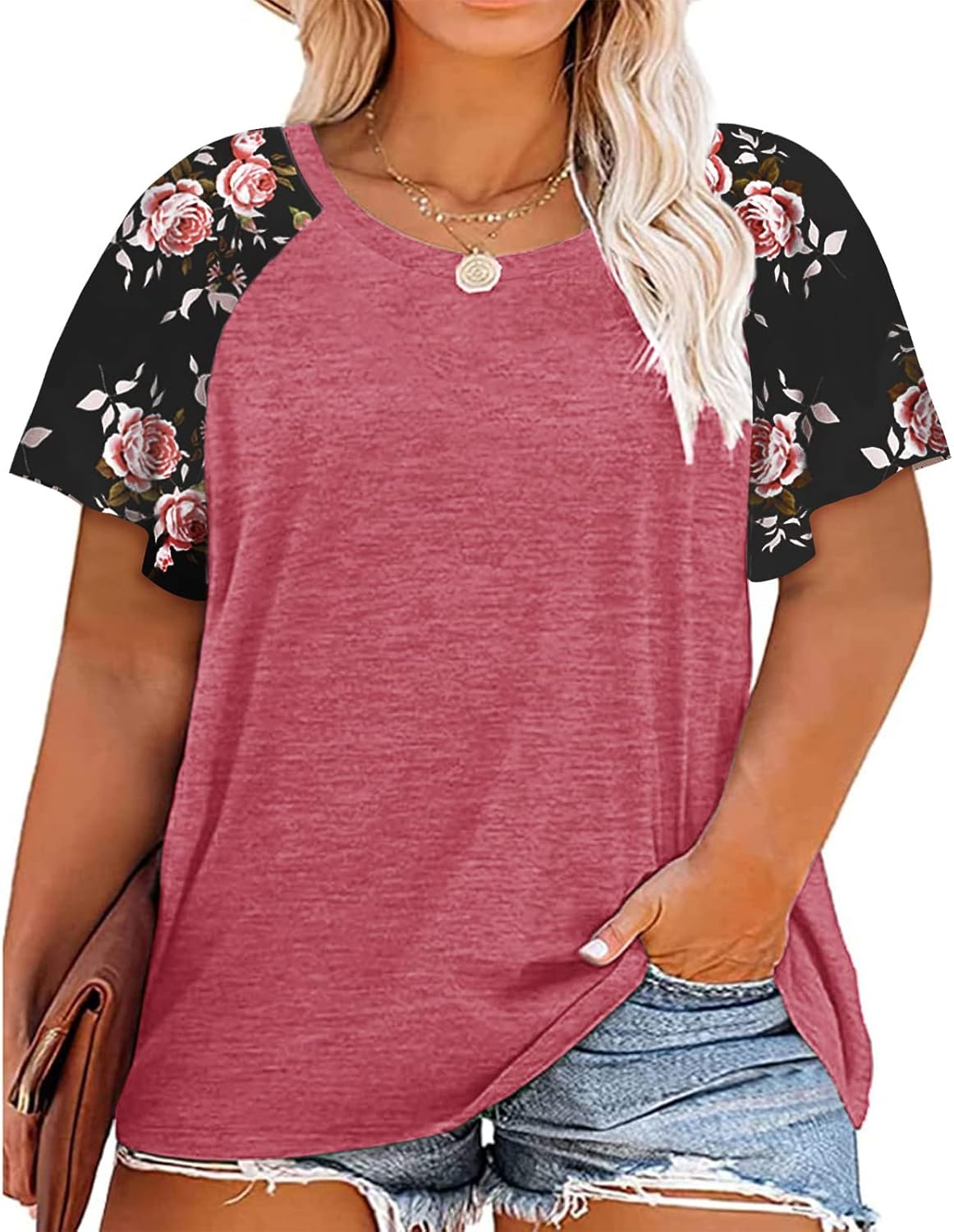HDLTE Womens Plus Size Tops Floral Bell Sleeves Blouses Summer Crewneck Tunic Lo...
