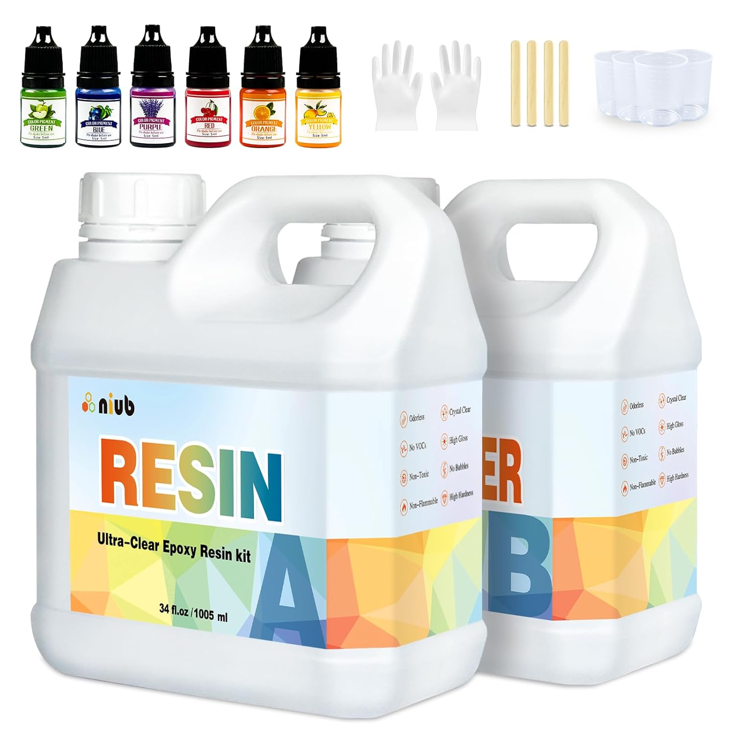 NIUB Epoxy Resin, 2L/68oz Resin and Hardener Kit with Pigments - New Formulation...