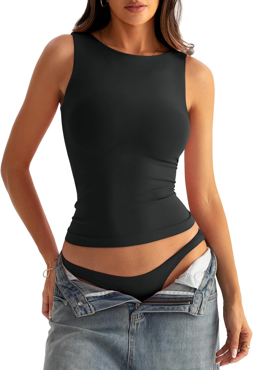 Womens Boat Neck Seamless Tank Tops Sleeveless Double Layering Shirts Basic Goin...