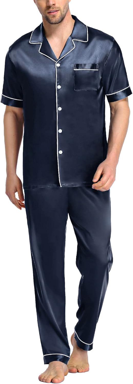 SWOMOG Mens Satin Silky Pajama Set, Special Short Sleeve Sleepwear with Button D...