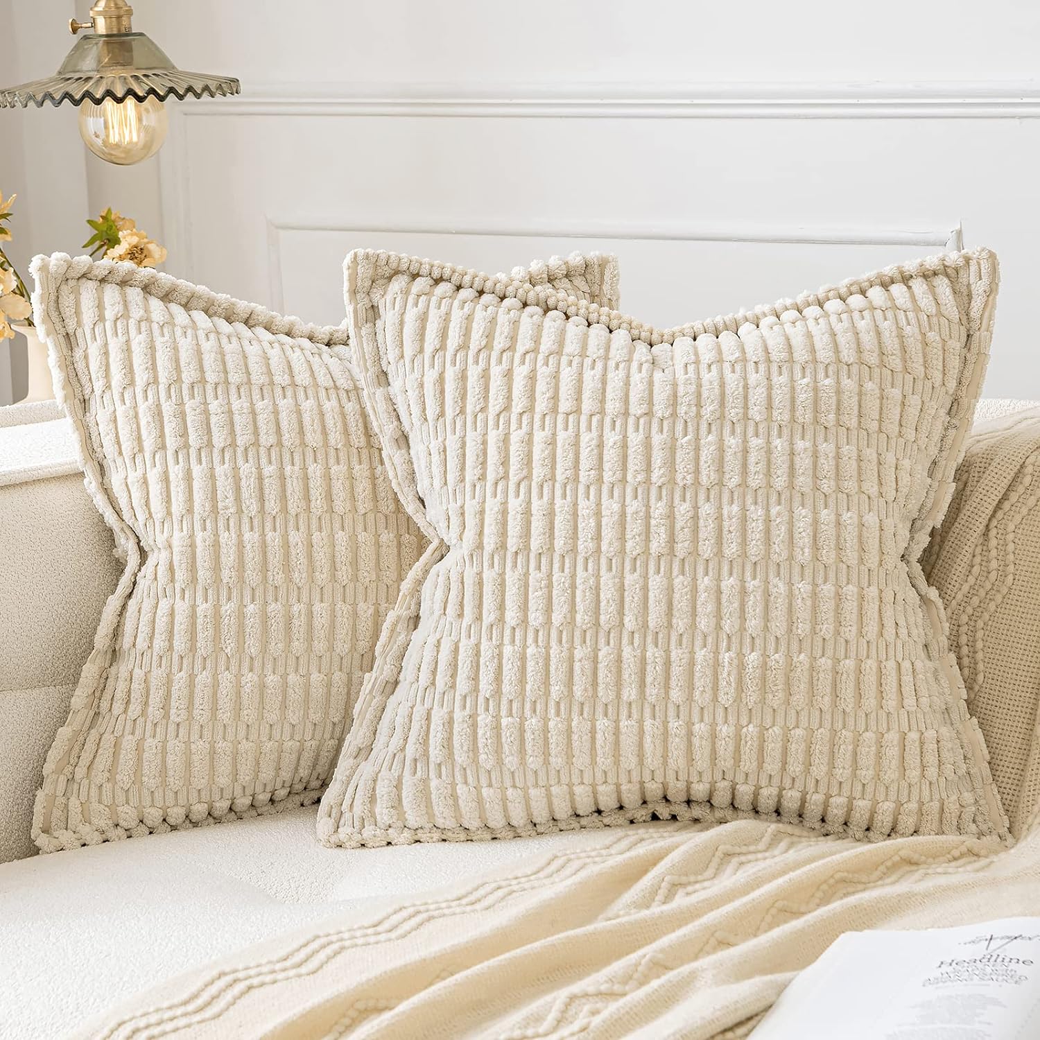 MIULEE Corduroy Decorative Throw Pillow Covers, Special Pack of 2 Soft Striped P...