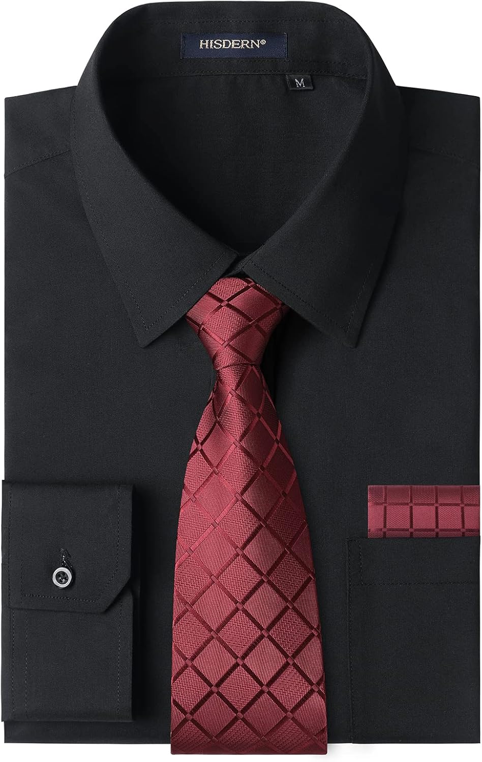 Men's Solid Long Sleeve Dress Shirt with Matching Tie and Handkerchief Set Class...