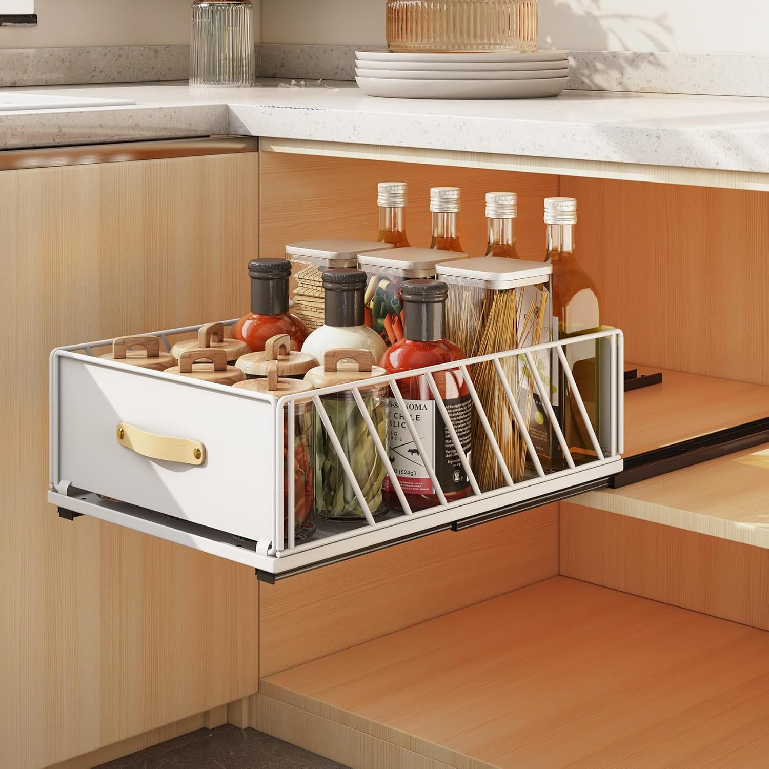 SAYZH Pull Out Cabinet Organizer, Sliding Mesh Basket with Handle, Slide Out Dra...