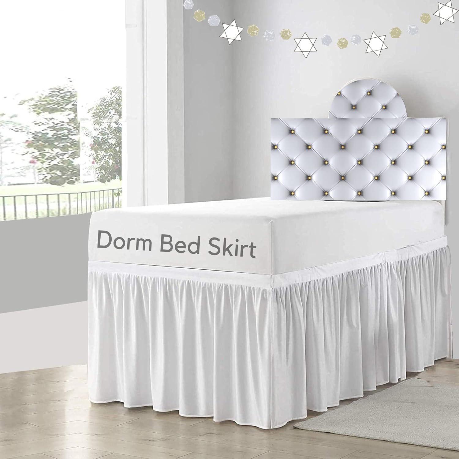 Cottingon,Dorm Room Bed Skirt,100% Microfiber,White Solid -Twin XL /32" Drop Twi...