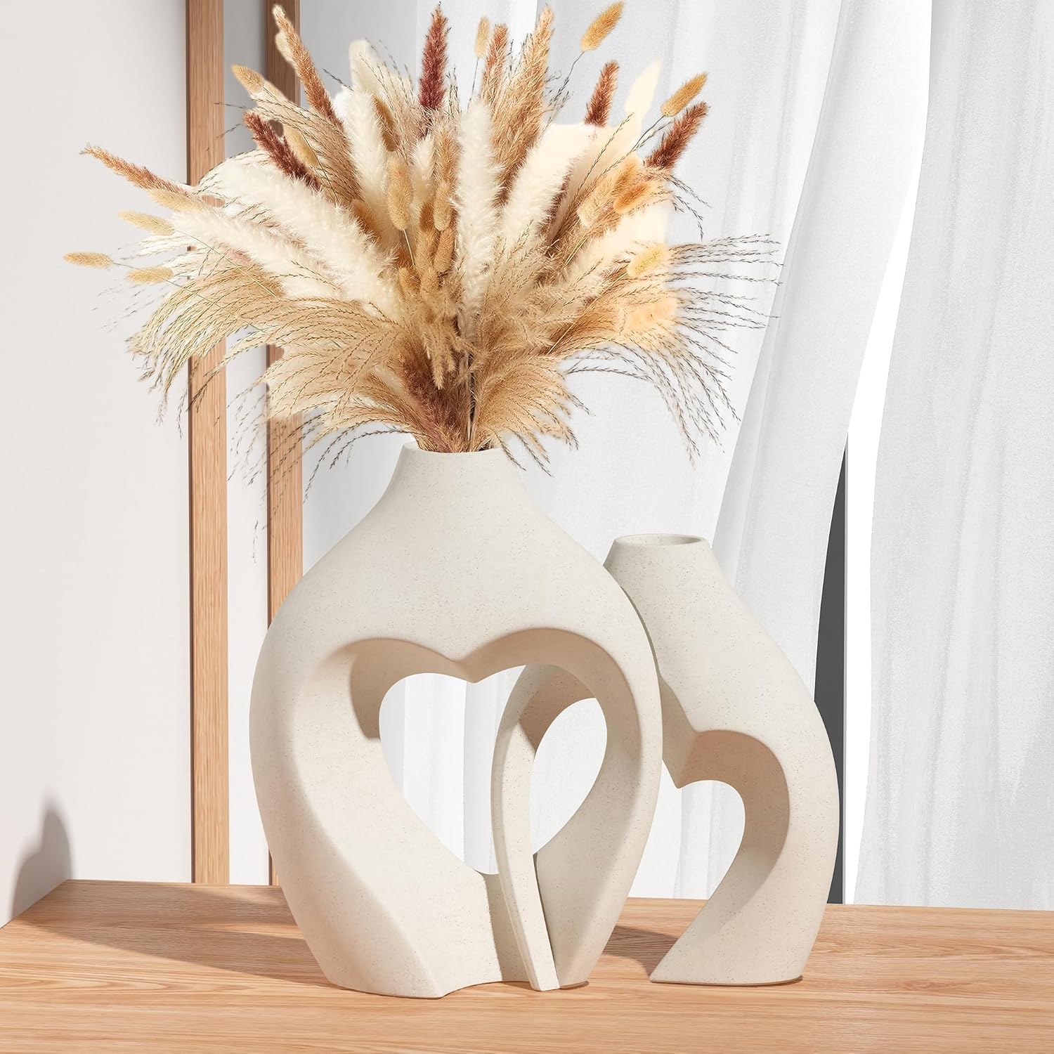 White Vases for Decor, Heart Shaped Ceramic Vase Set of 2, Nordic Heart Shaped V...