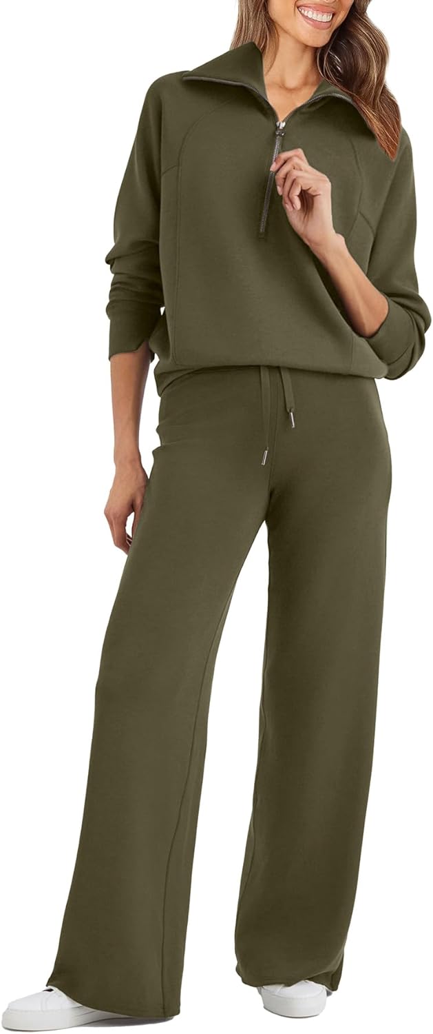 Glamaker Womens 2 Piece Outfits Sweatsuit Set Oversized Half Zip Sweatshirt Wide...