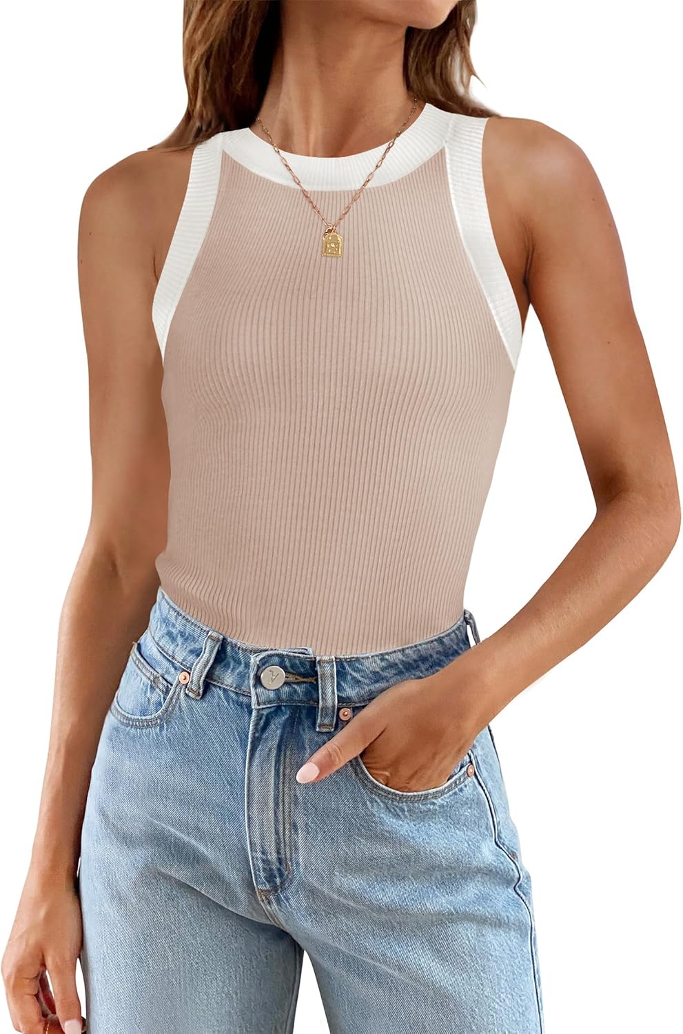 ZESICA Womens Sleeveless Tank Tops, Special Summer Ribbed High Neck Racerback To...
