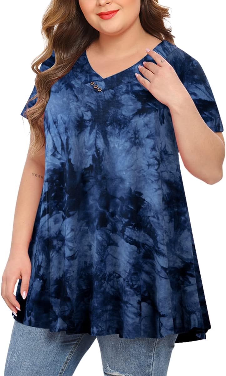 MONNURO Womens Plus Size Short Sleeve V Neck Button Basic Tunic Tops Summer Swin...