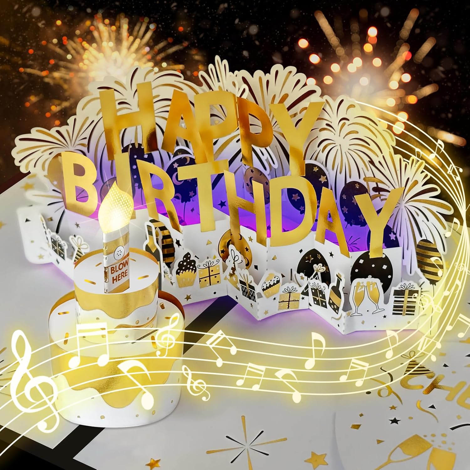 Birthday Card, Musical Birthday Cards with Blowable LED Light Candle Happy Birth...