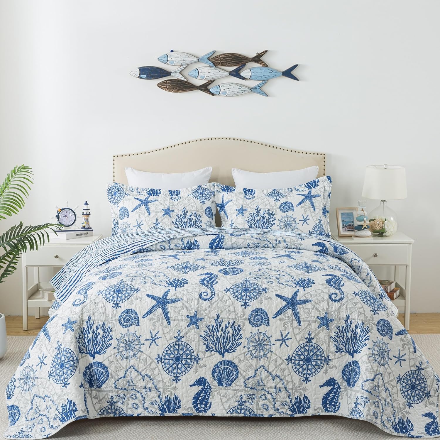 HoneiLife Nautical Quilt Queen Size - 3 Pieces Coastal Quilt sets Beach Bedsprea...