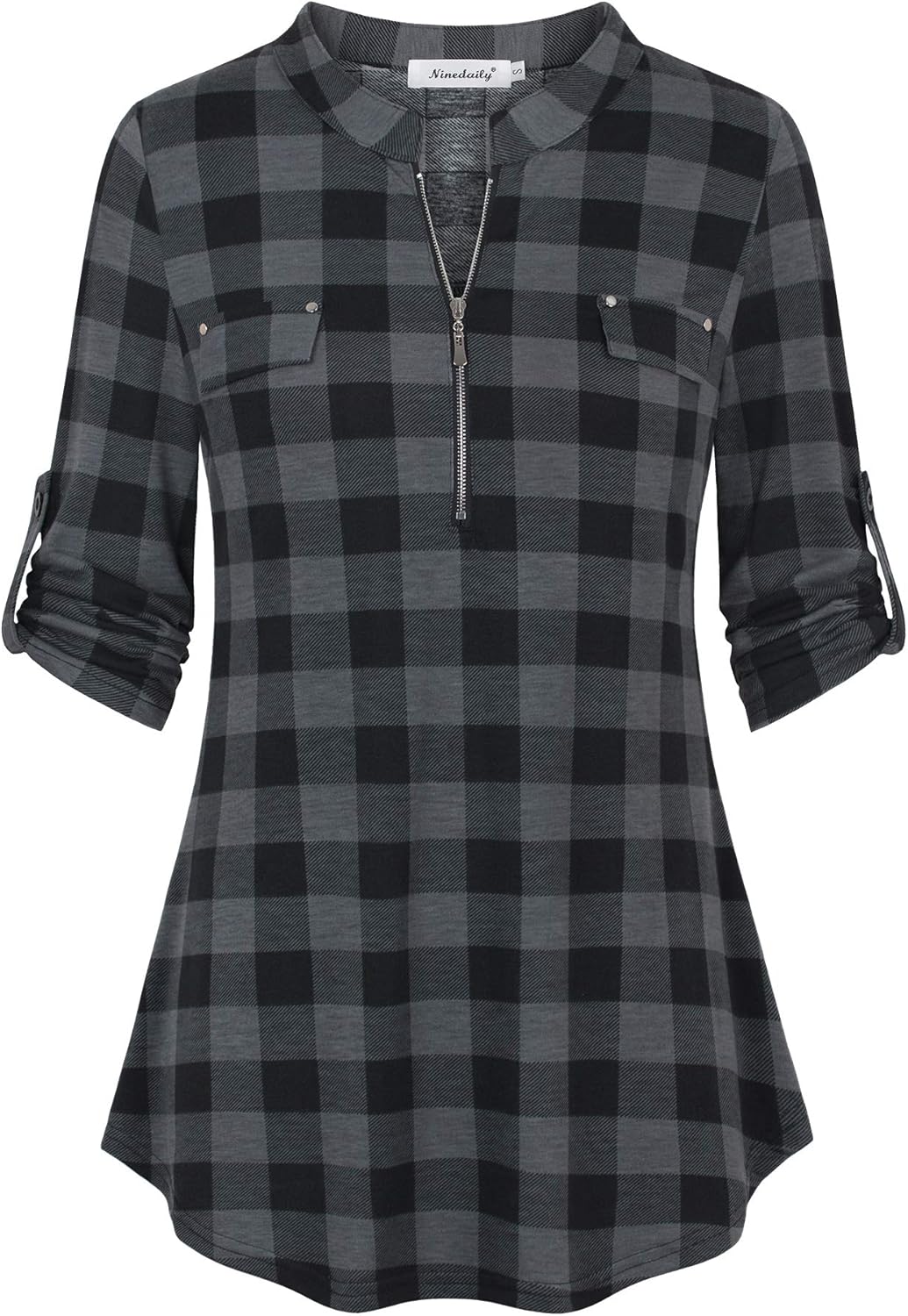 Ninedaily Women's 3/4 Sleeve Plaid Shirts Zip Floral Casual Tunic Blouse Tops La...