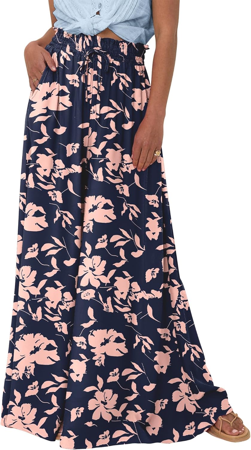 BTFBM Women Casual High Waist Wide Leg Pants Summer Floral Solid Long Palazzo Pa...