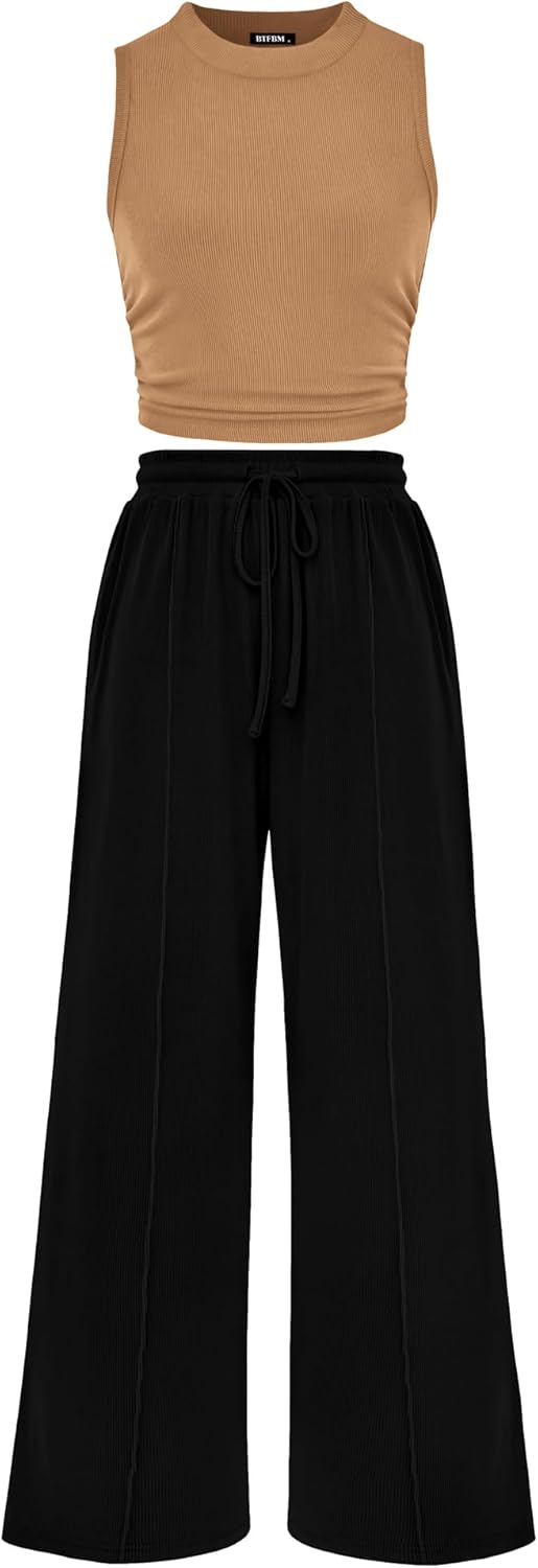 BTFBM Women Summer 2 Piece Outfits Ribbed Knit Crew Neck Sleeveless Cropped Top...