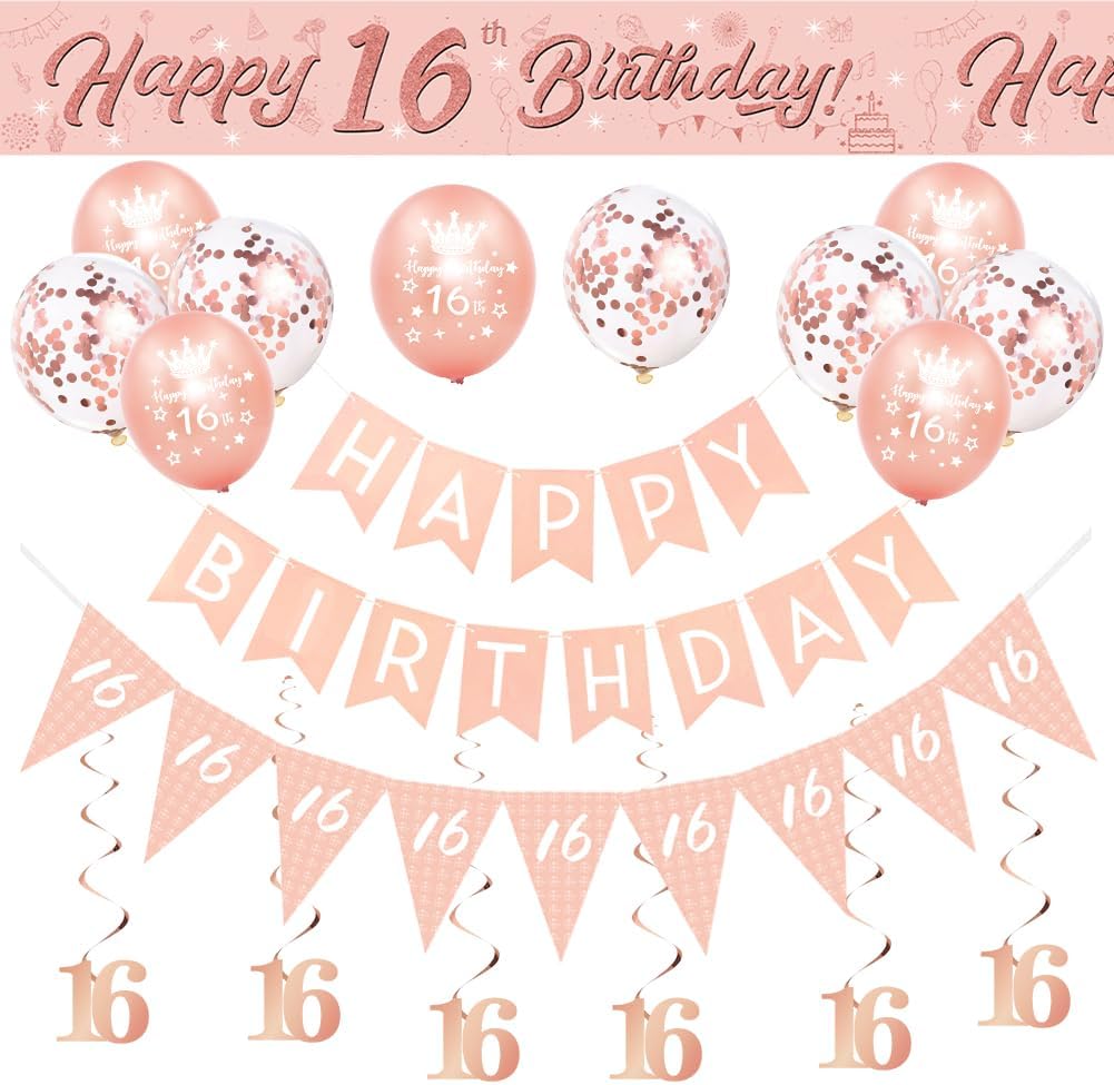 16th Birthday Decorations for Girls-Rose Gold 16th Birthday Banners Balloons Bun...