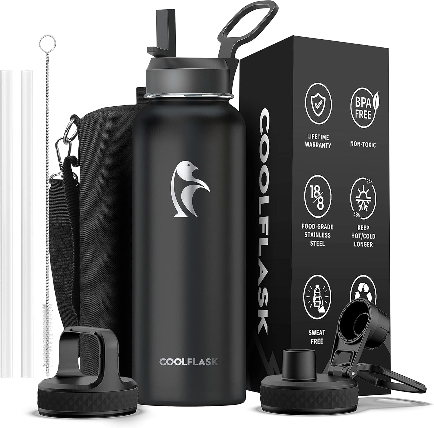 Coolflask 1180ml Insulated Water Bottle with Straw & 3 Lids, Metal Water Bottle...
