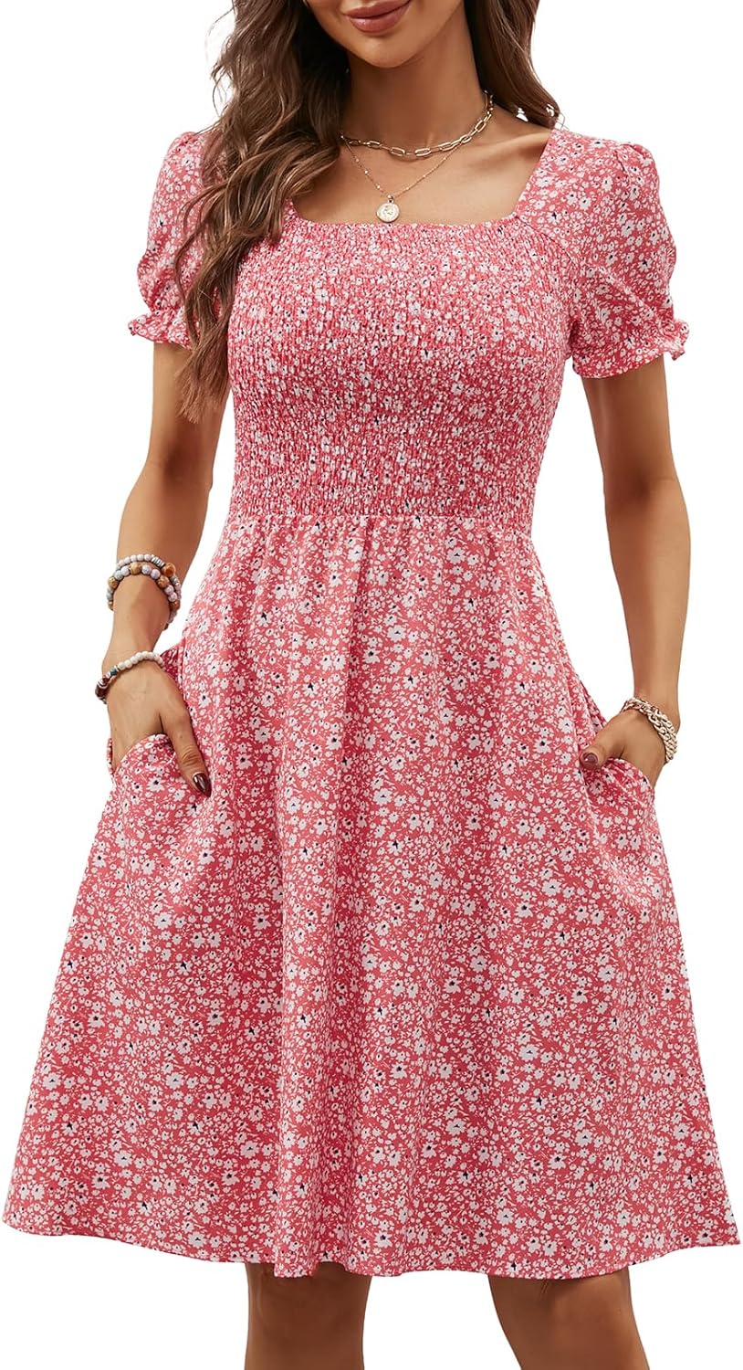 Berydress Women's Summer Dresses with Pockets Short Sleeve Square Neck Flowy A L...