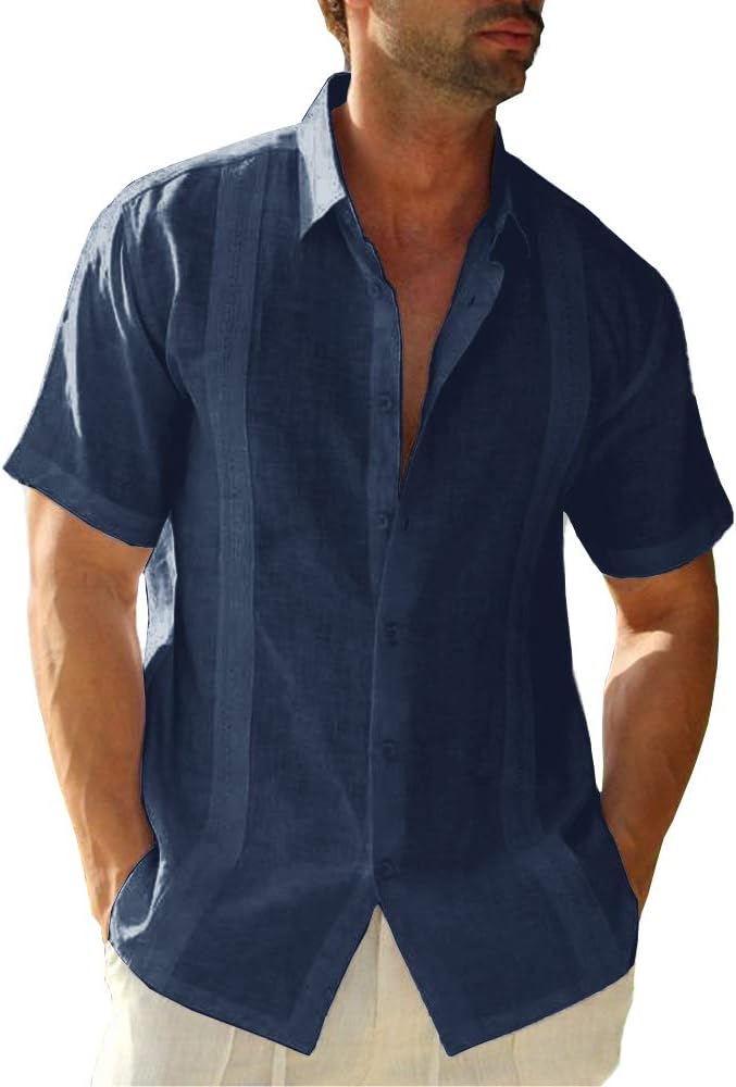 Hestenve, Special Mens Short Sleeve Cuban Camp Guayabera Shirt, High-Quality Lin...