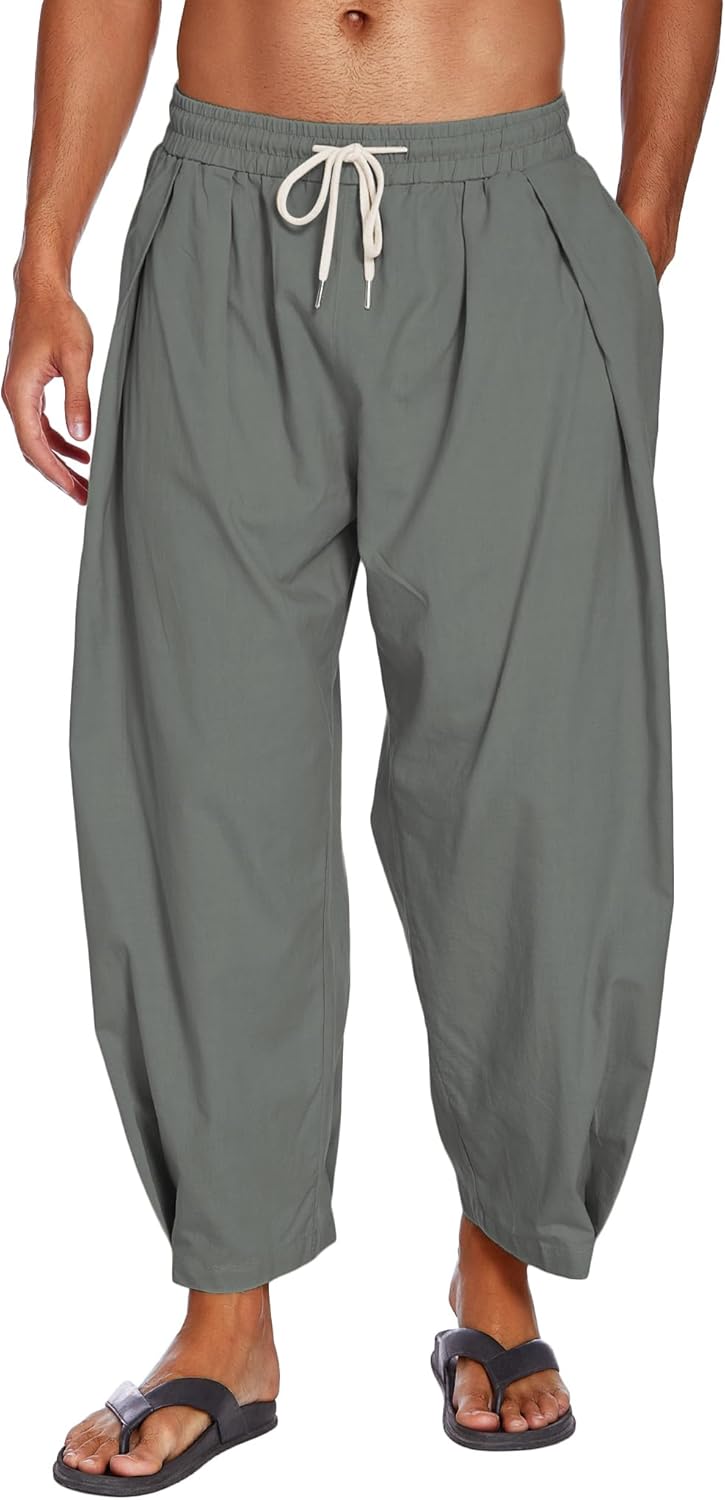 COOFANDY Men's Cotton Linen Harem Pants, Special Casual Cropped Trousers with Dr...