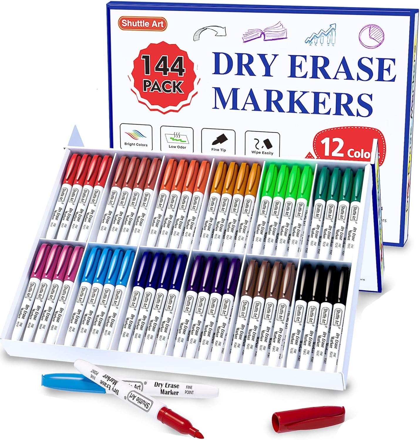 Shuttle Art Dry Erase Markers, Special Set with 12 Colors, Affordable 144 Bulk P...