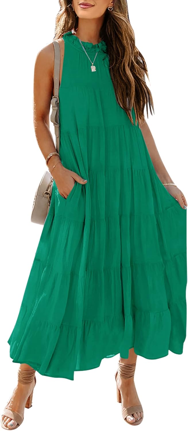 HAEOF Womens 2024 Summer Sleeveless Halter Maxi Dress Pleated Tiered Swing Beach...