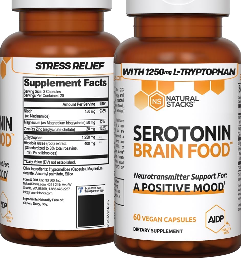 NATURAL STACKS Serotonin Brain Food w/L-Tryptophan & Rhodiola Rosea - Mood Suppo...