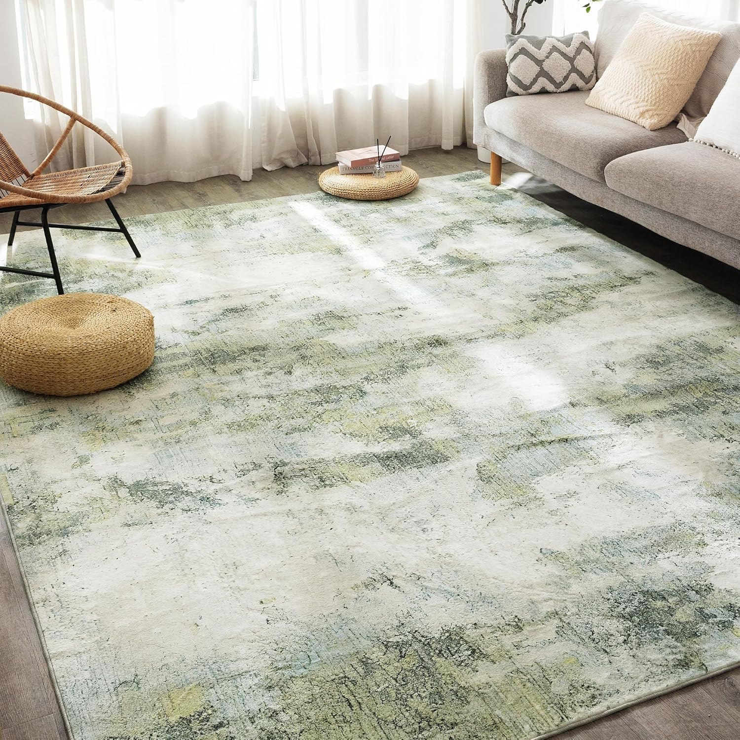 Carvapet Washable Rug 6x9, Green Modern Abstract Area Rugs, Low Pile Rugs with R...