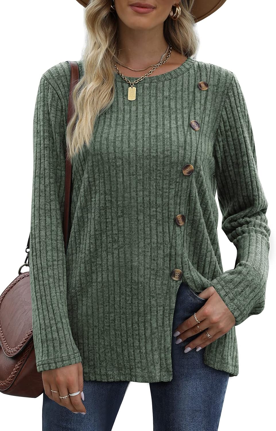 OFEEFAN Long Sleeve Tunic Tops, Special Women's Crew Neck Buttons Side Shirts, I...