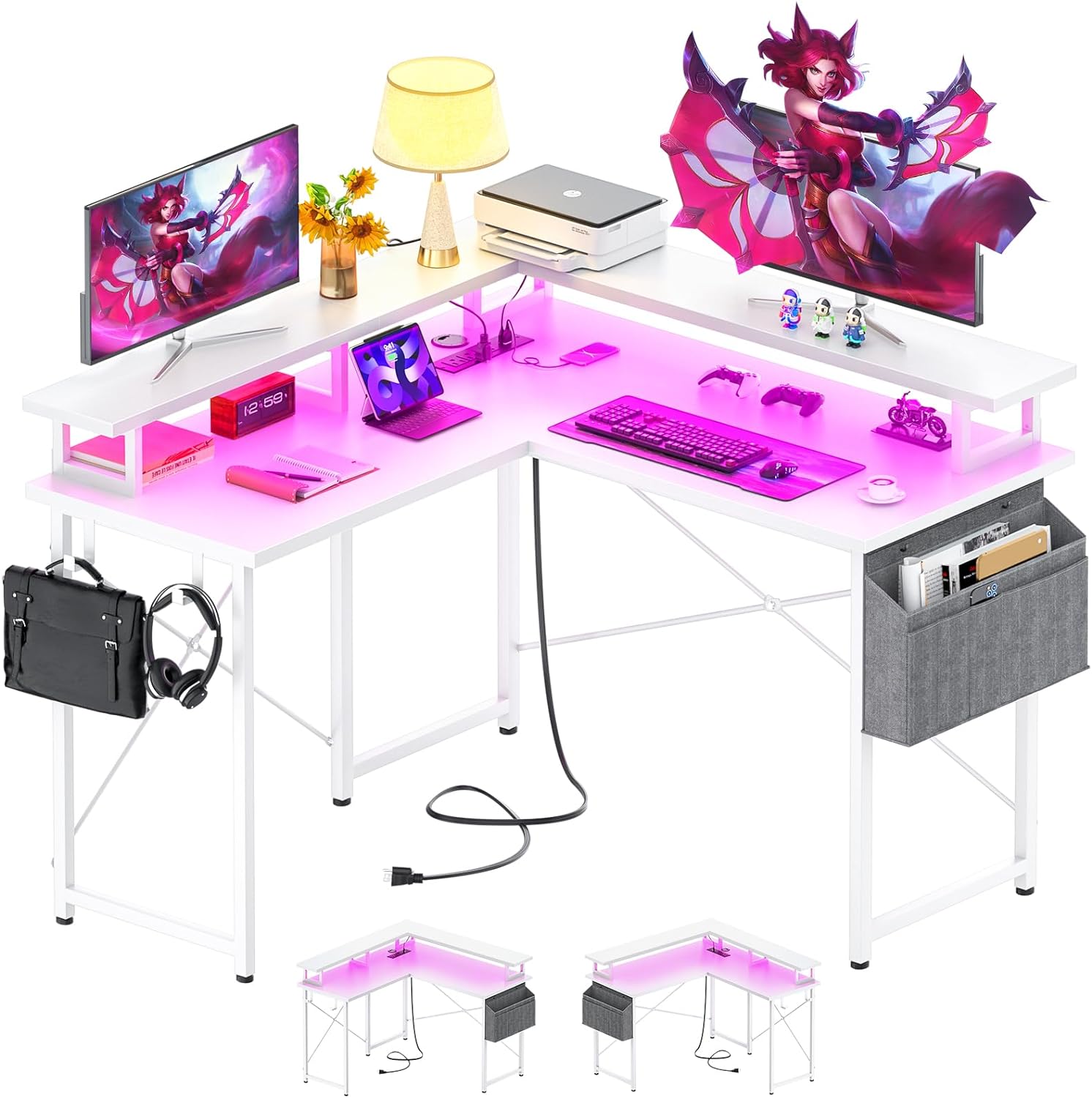 armocity L Shaped Computer Desk with Power Outlets, 40 Inch Small Gaming Desk L...