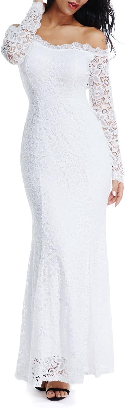 LALAGEN Women's Floral Lace Long Sleeve Off Shoulder Wedding Mermaid Dress Mediu...
