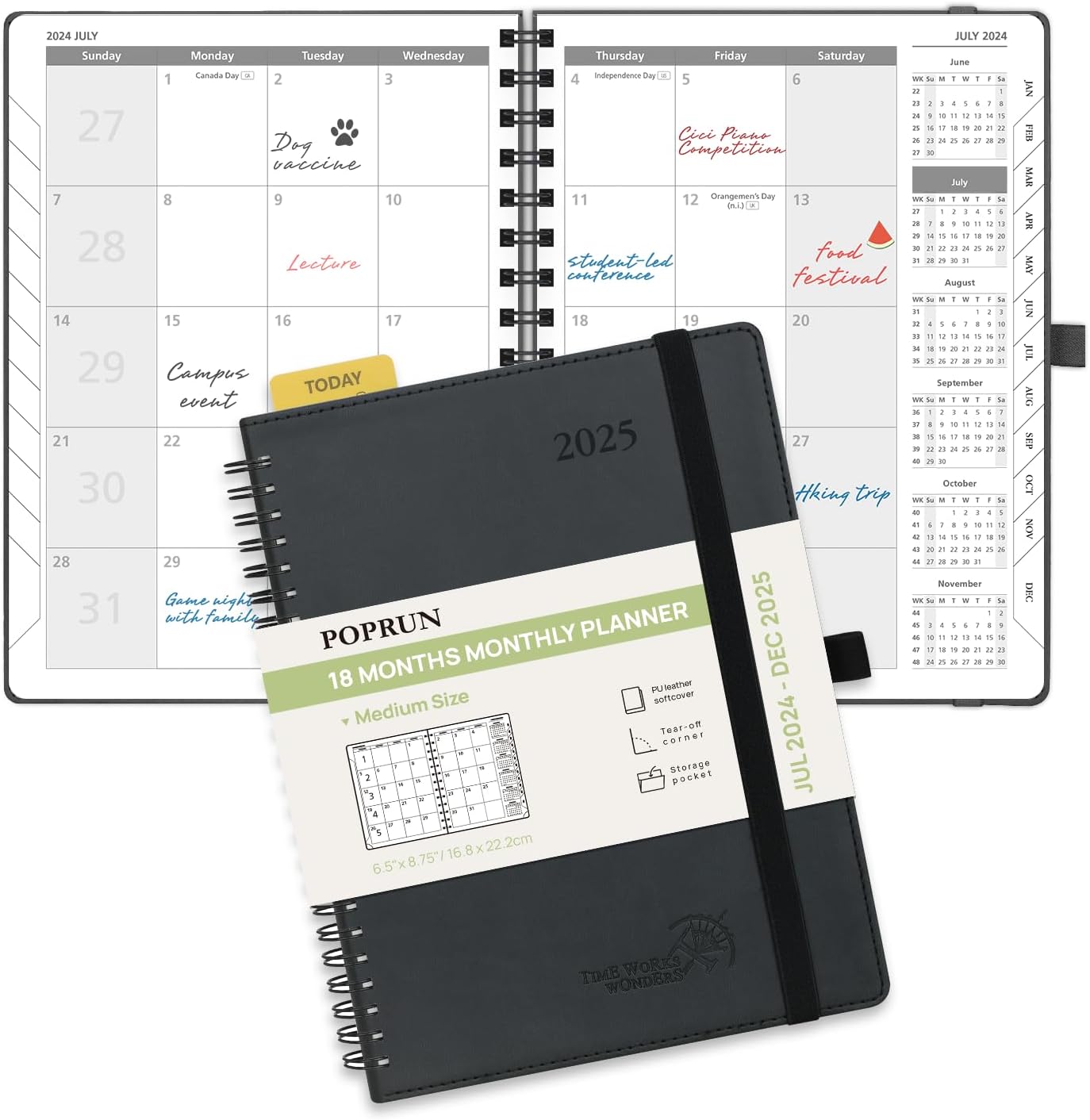 POPRUN Monthly Planner 2024-2025 Spiral Bound (6.5'' x 8.5'') 18 Months Calendar...