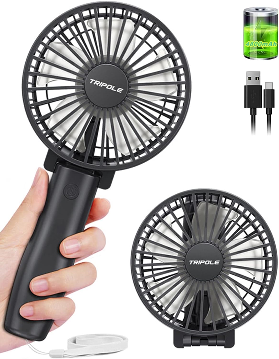 TriPole Handheld Desk Fan Rechargeable, 4000mAh Foldable Battery USB, 5-23hrs Pe...
