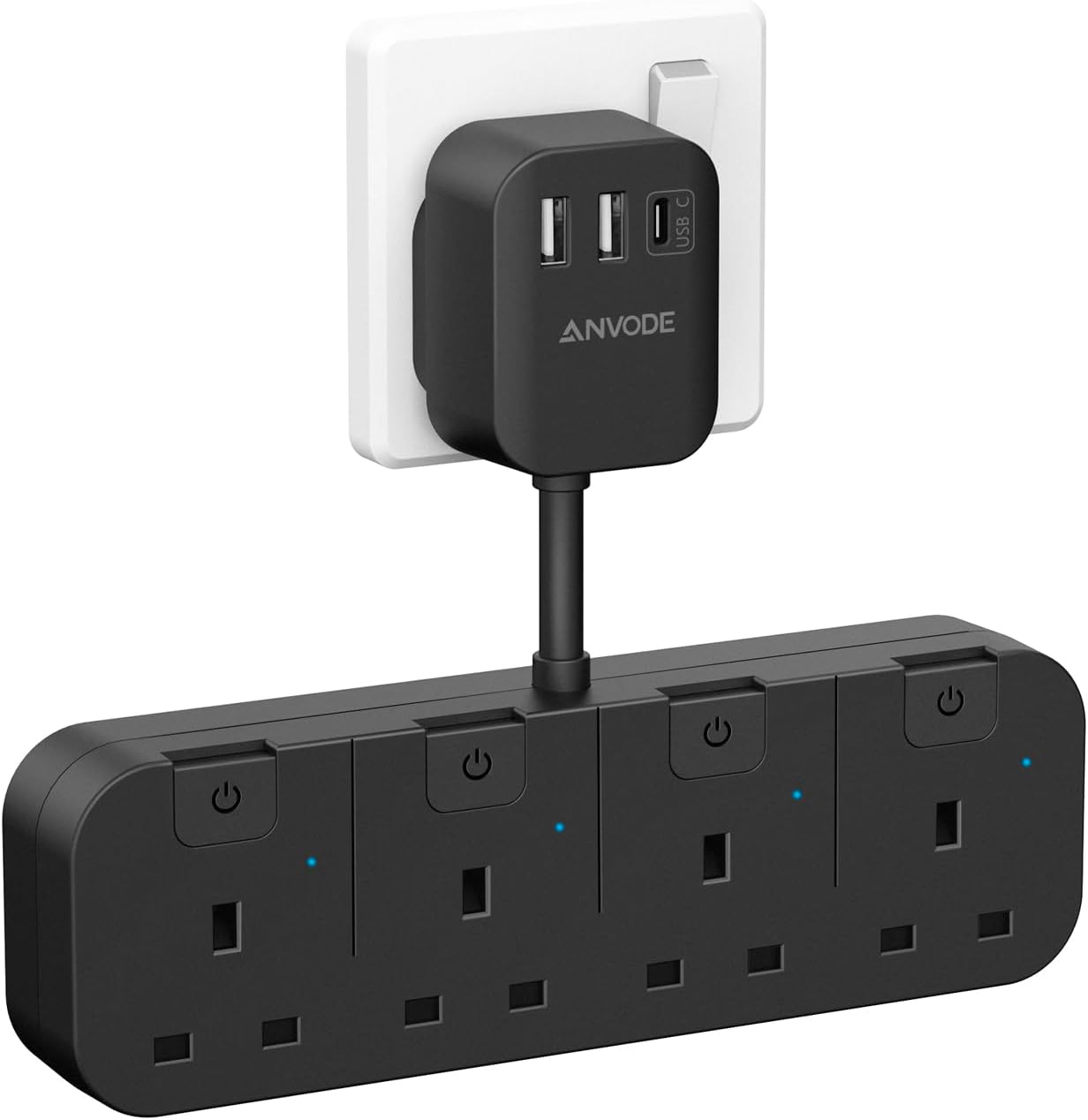 Multi Plug Extension with 3 USB (1 Type C), 4 Way Plug Adapter with Individual S...