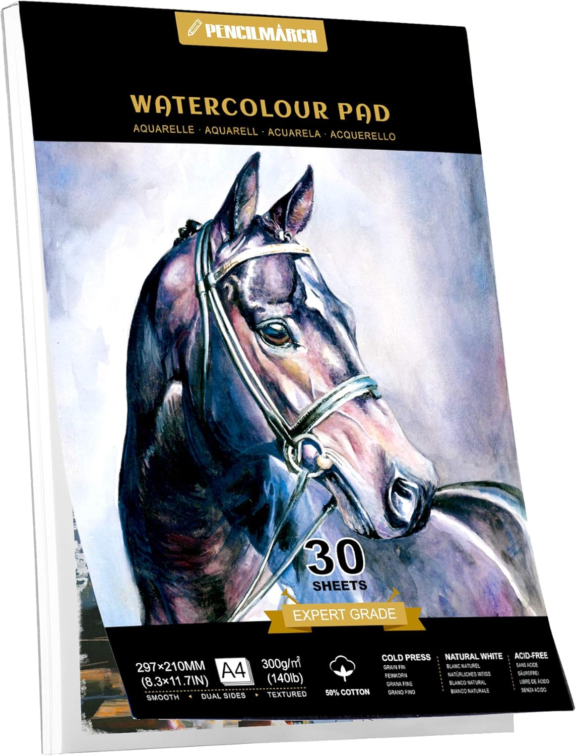 PENCILMARCH Watercolour Paper A4 Pad, 30 Sheets Cotton Blend - Natural White 300...