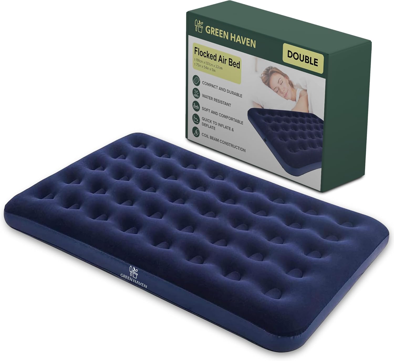 Green Haven Double Blow Up Camping Bed, High-Quality Waterproof Inflatable Doubl...