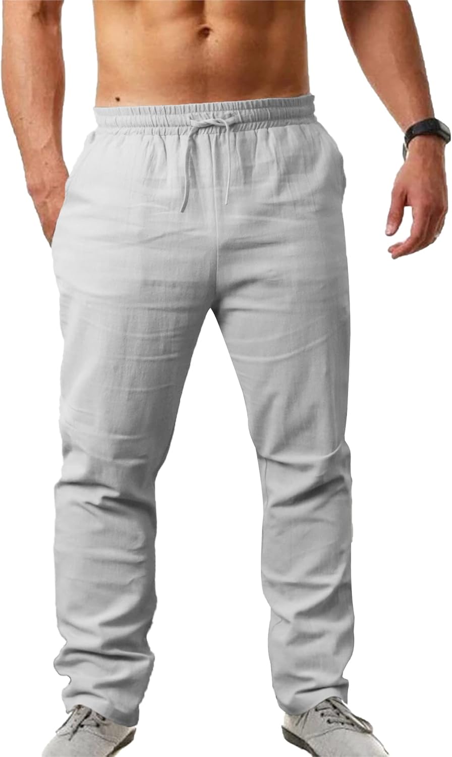 NANAMEEI Men's Cotton Linen Trousers Loose Fit Mens Drawstring Trousers Mens Yog...
