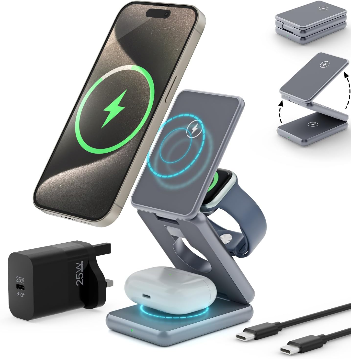 decqle 101 Magnetic Wireless Charging Station Foldable, 3 in 1 Adjustable Stand,...