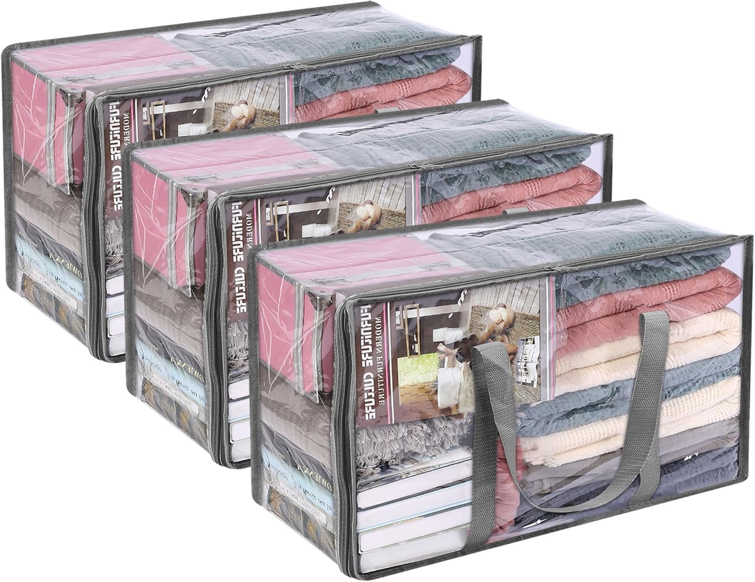 Vieshful 3 Pack Clear Storage Bags 60L Clothes Storage Bags with Zips Underbed S...