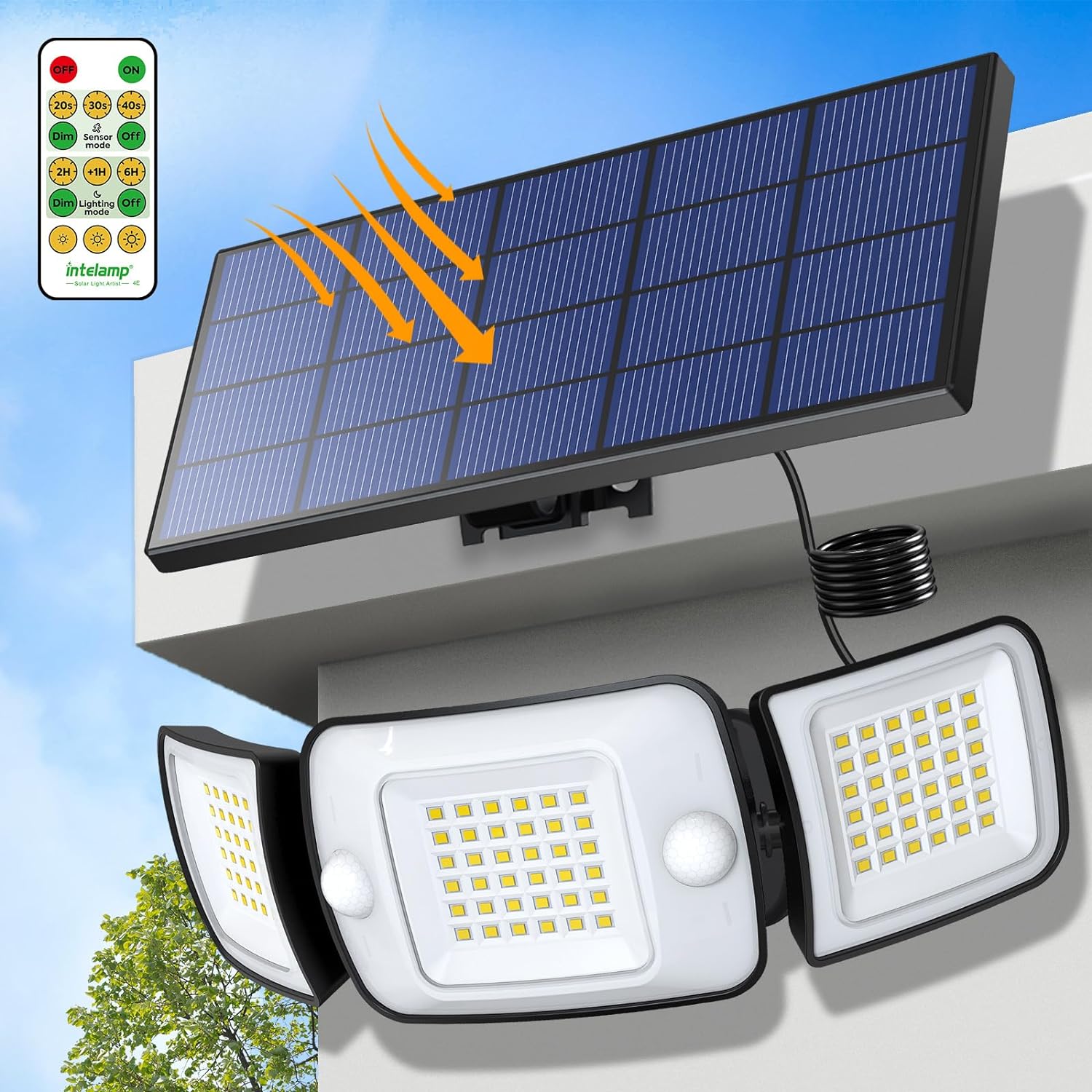 intelamp Solar Security Flood Lights Outdoor Motion Sensor with Remote Control,W...