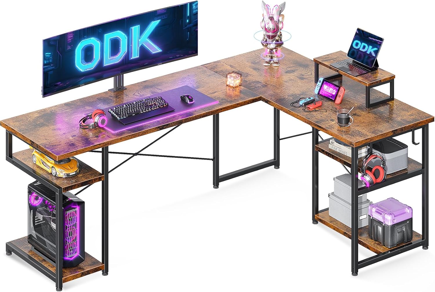 ODK Corner Desk with Storage, L Shaped Desk with Hook, Computer Gaming Desk with...