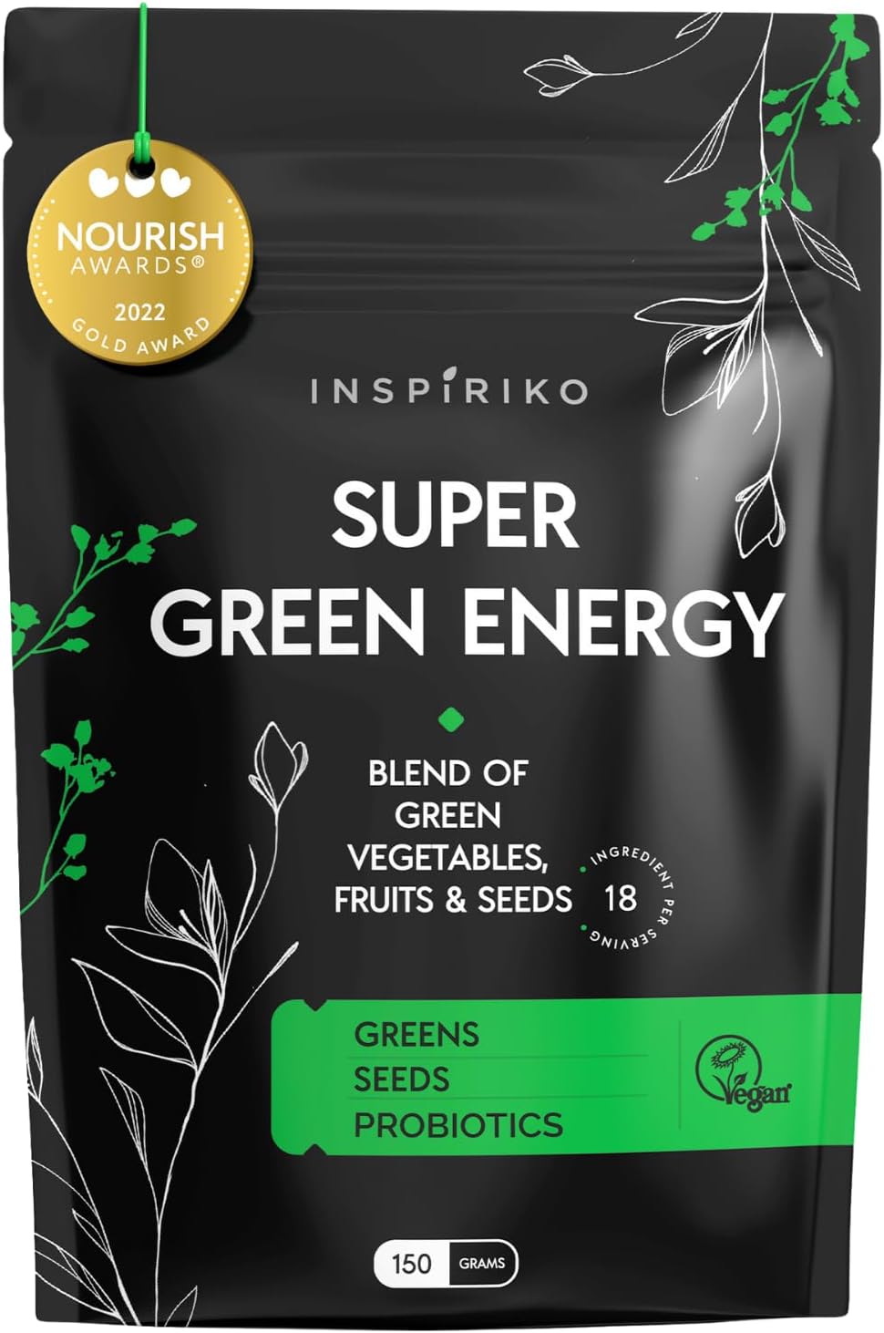 Inspiriko Super Greens Powder with 18 Superfood Powders & Probiotics – 150 GR -...