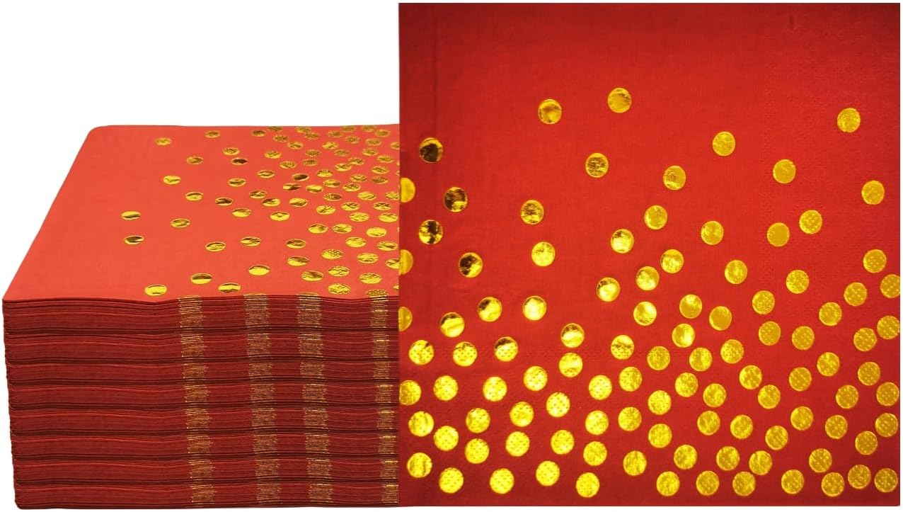 Gold Red Napkins Disposable, CEILIWEN 50PCS Red and Gold Polka Dot Napkin Servie...
