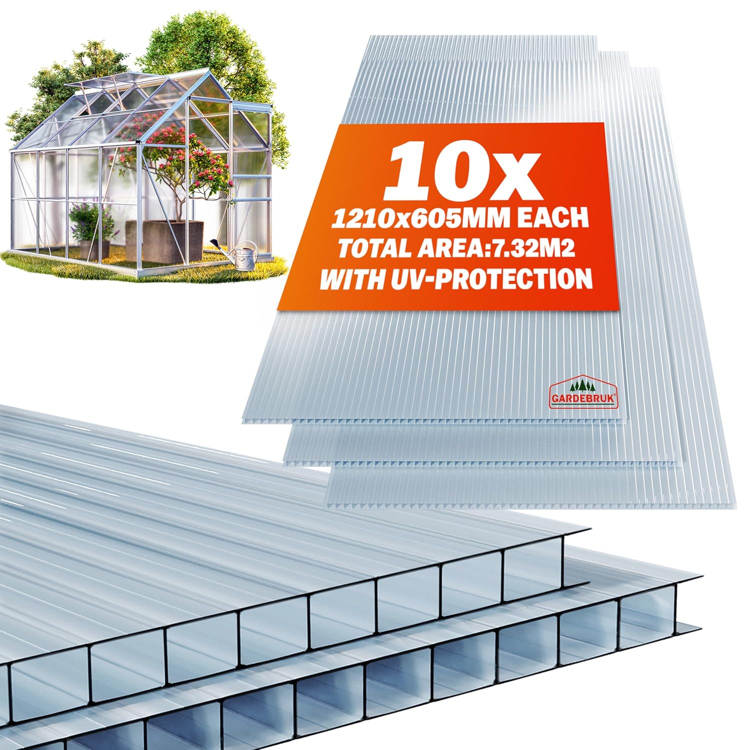 GARDEBRUK® 10x Polycarbonate Twin Wall Sheets | 6mm | 7.3m² | Double Wall | Roof...