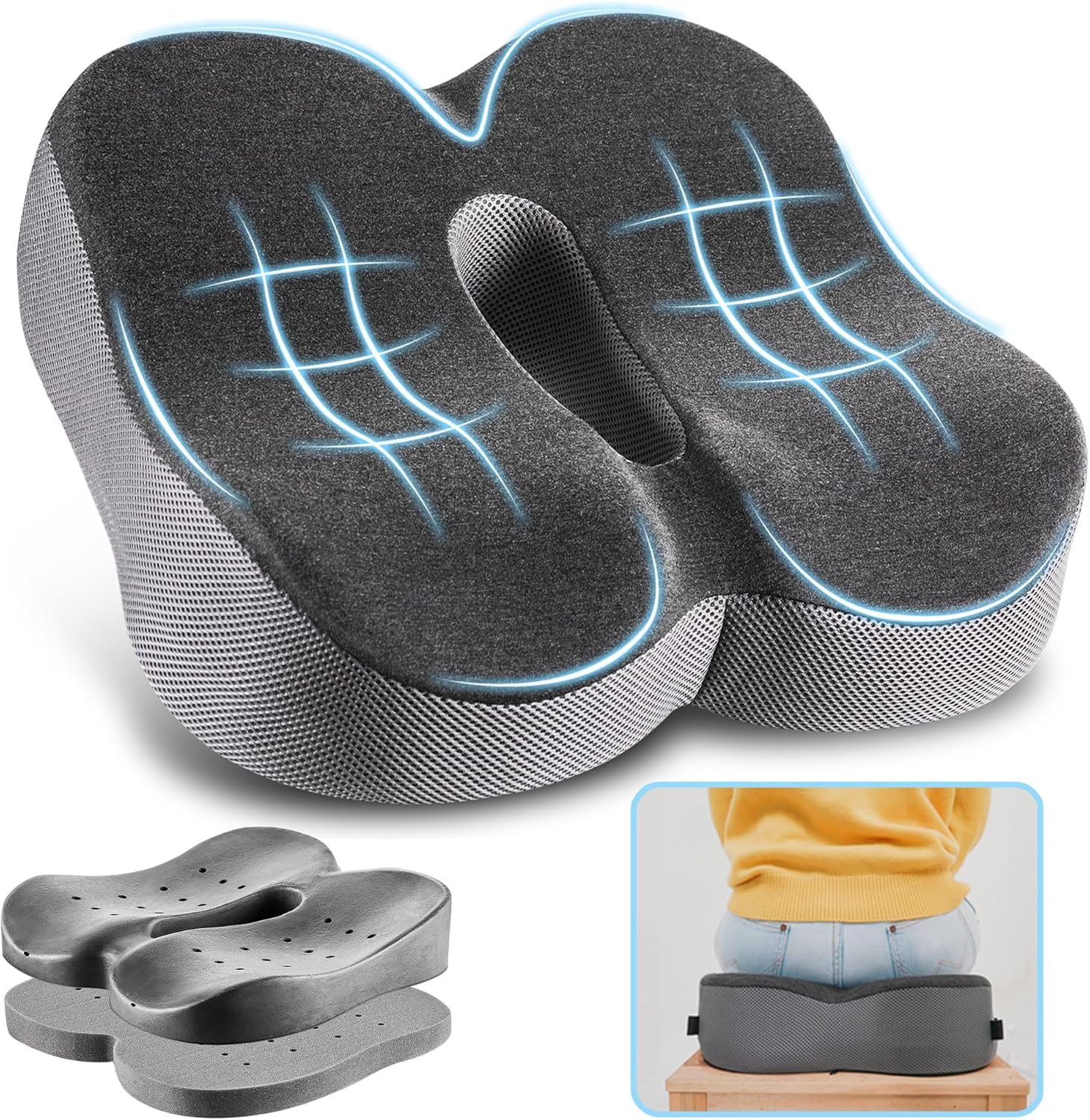 Elviros Seat Chair Cushion for Coccyx Sciatica Back Hip Pain Relief, Adjustable...