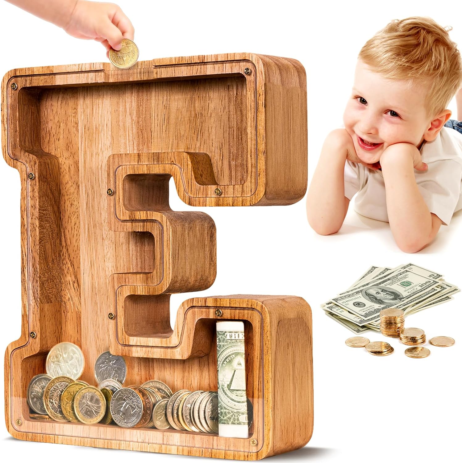 SummiDate Wooden Letter Money Box for Kids, Personalised Piggy Bank for Boys Gir...