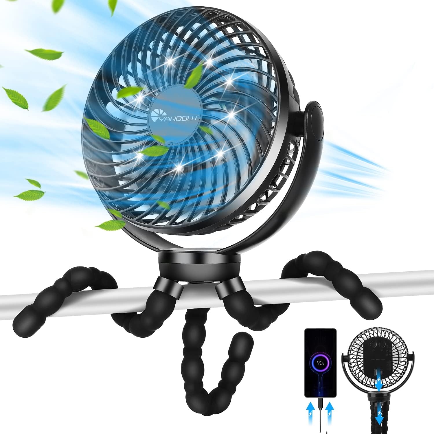 Yardout 8000mAH Octopus Pram Fan, Rechargeable Stroller Fan with Detachable Flex...