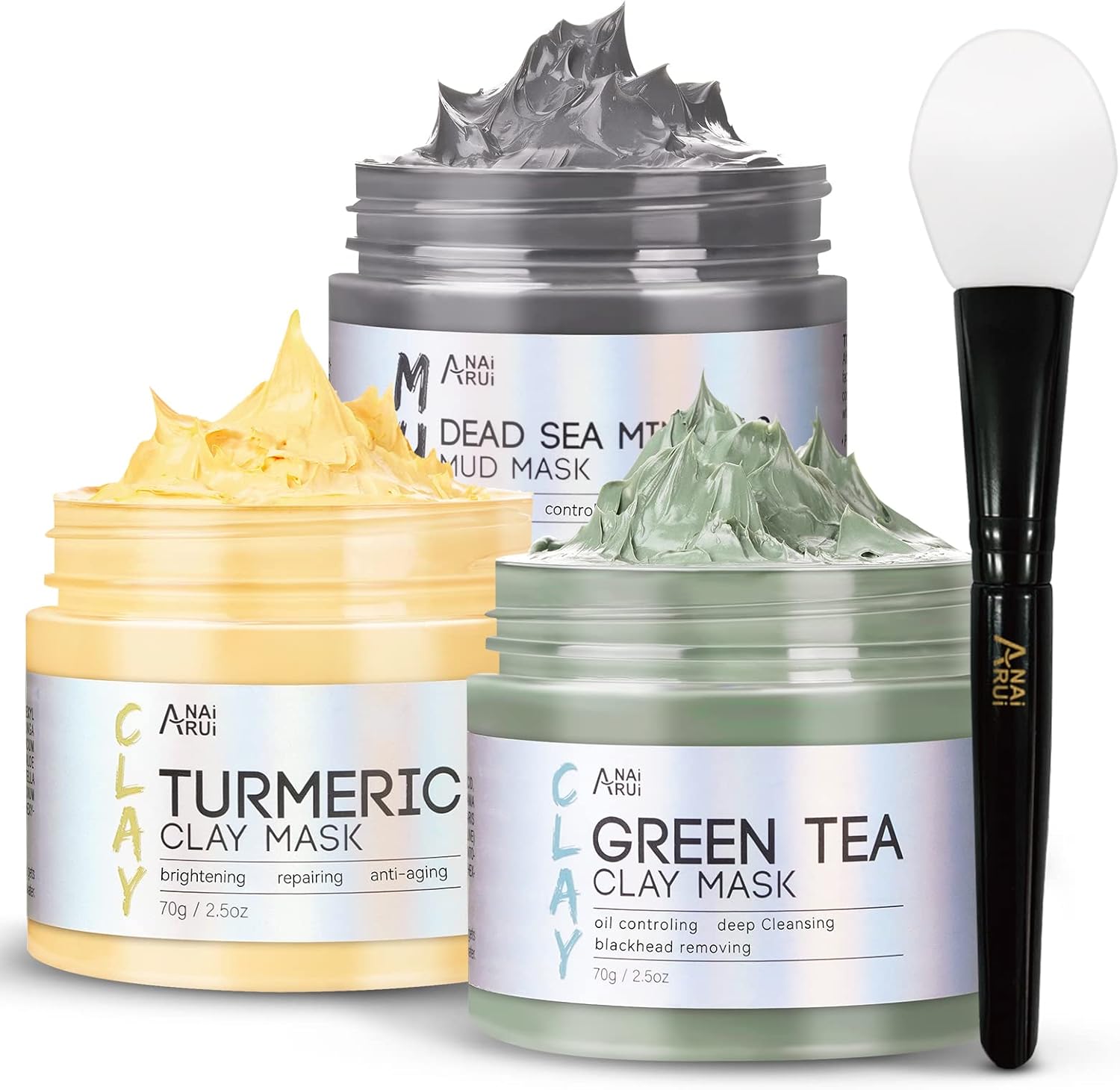 ANAiRUi Turmeric Clay Mask - Green Tea Detox Clay Mask - Dead Sea Minerals Mud M...