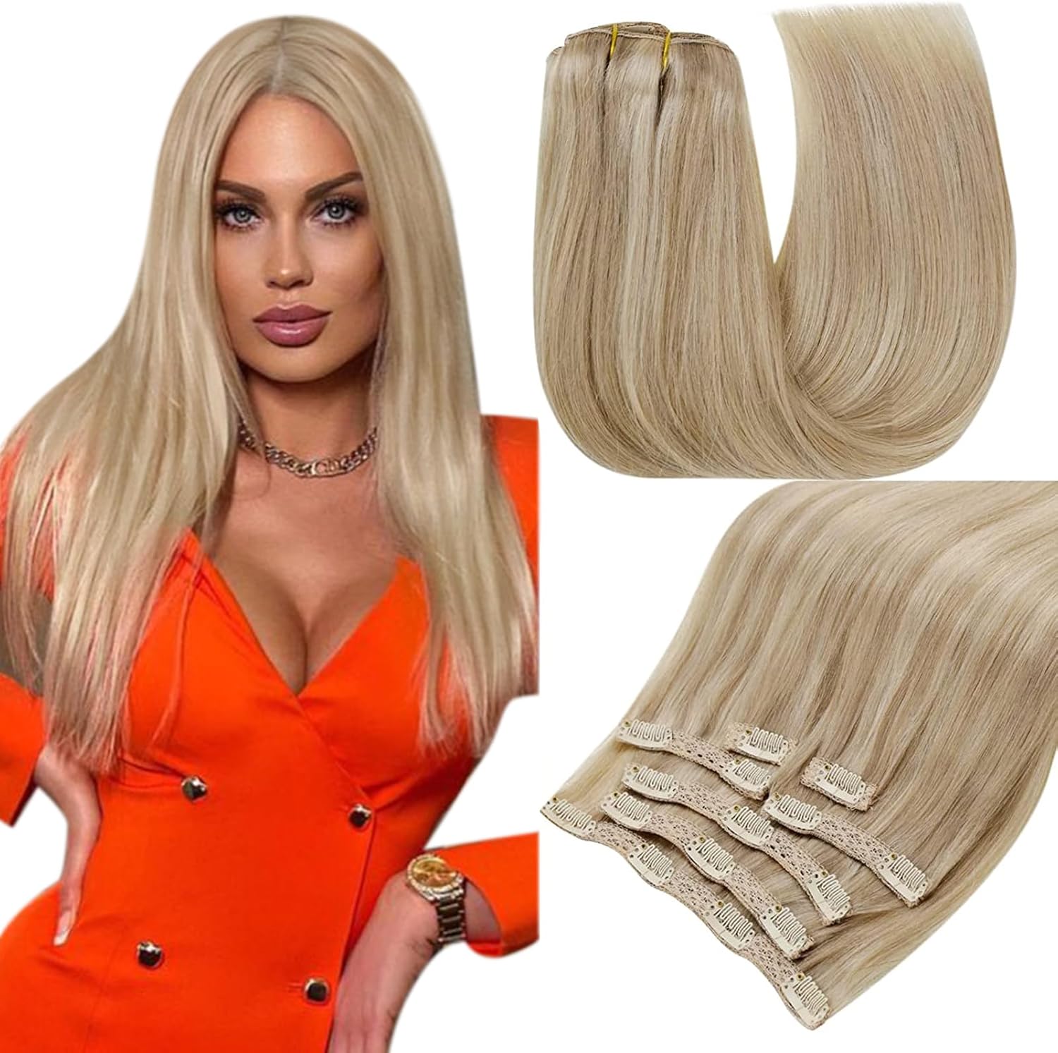 RUNATURE Clip in Hair Extensions Real Human Hair Blonde Highlight Dark Blonde Cl...