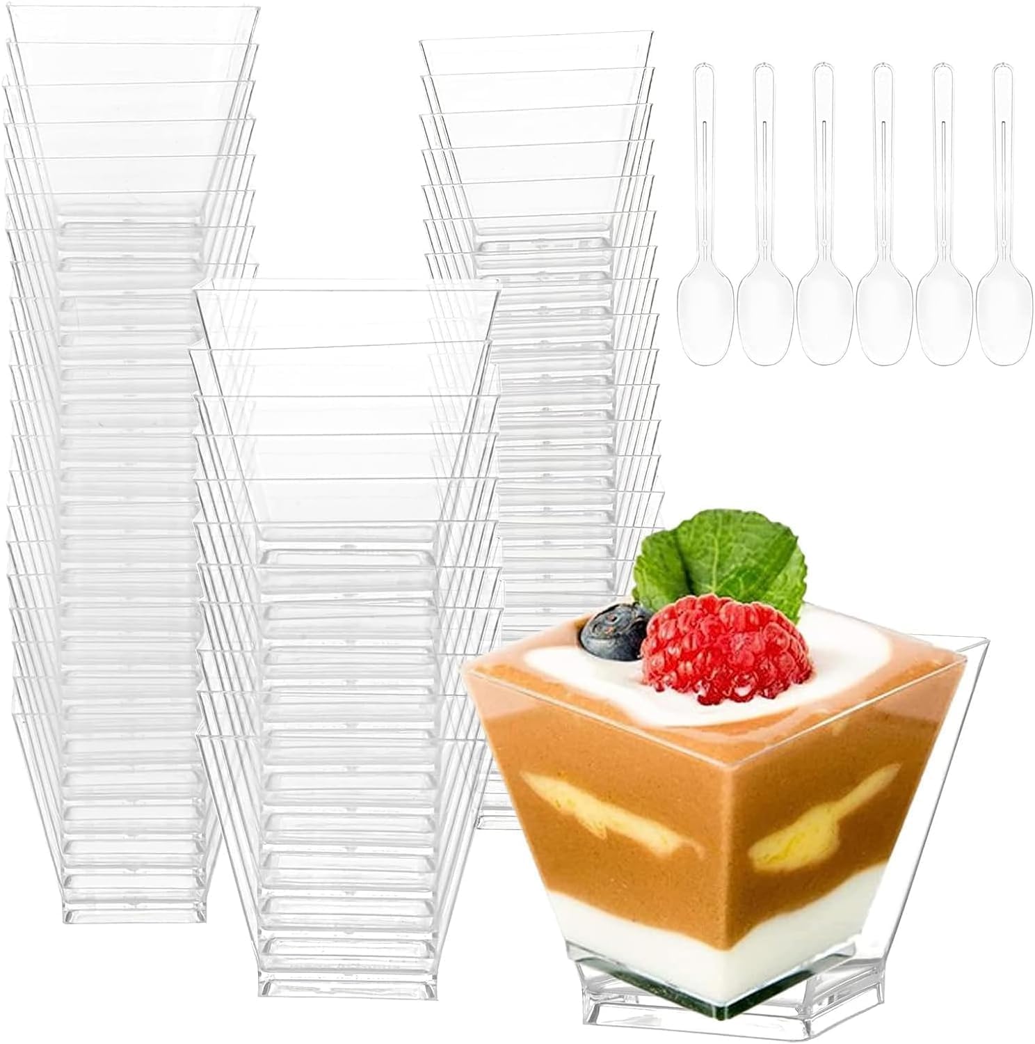 Cymax 50 Pack Plastic Dessert Cups,Clear Parfait Appetizer Cups,Square Dessert S...